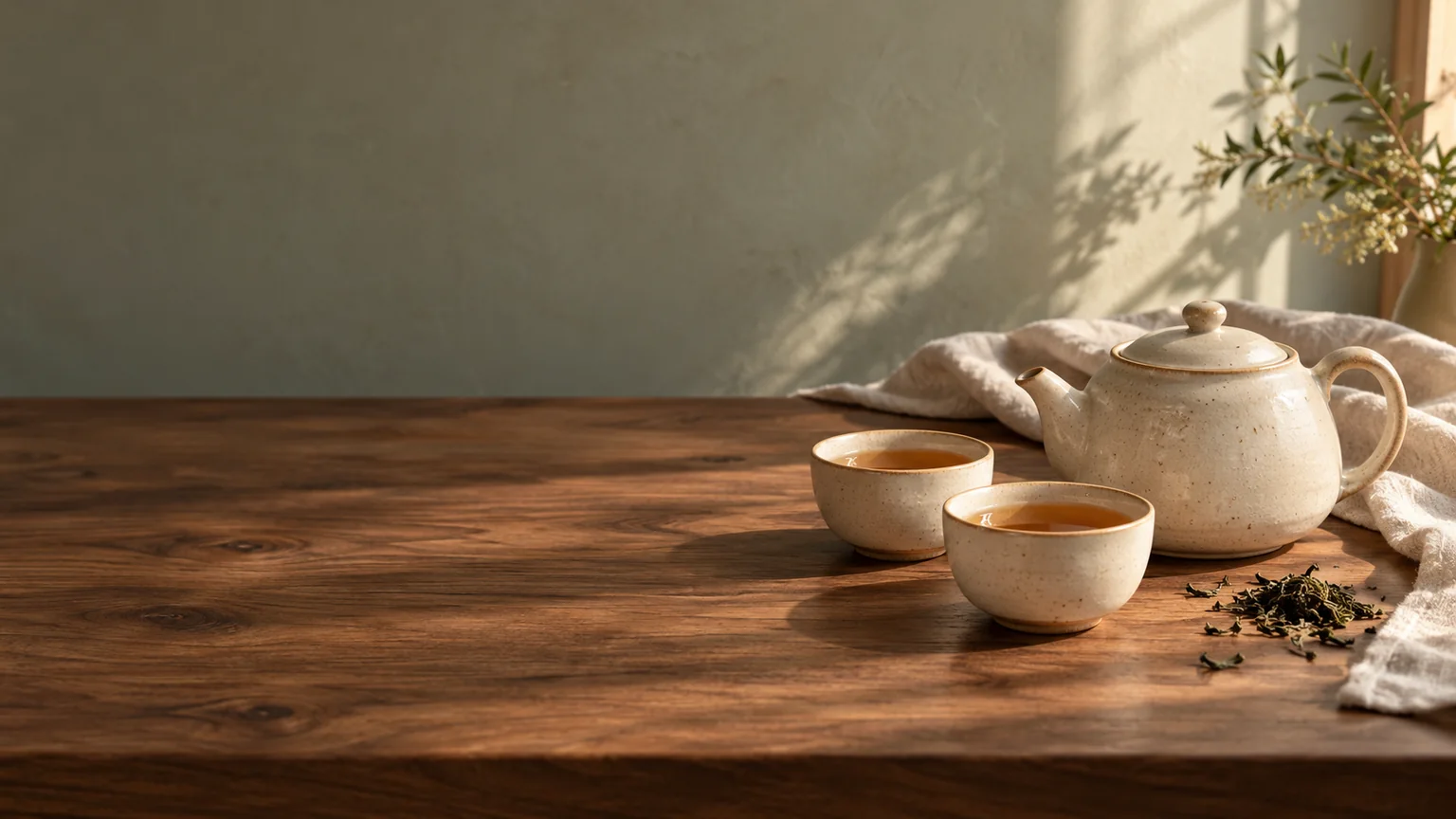 Théière et tasses dans une ambiance calme de noyer, de lin et de vert sauge.