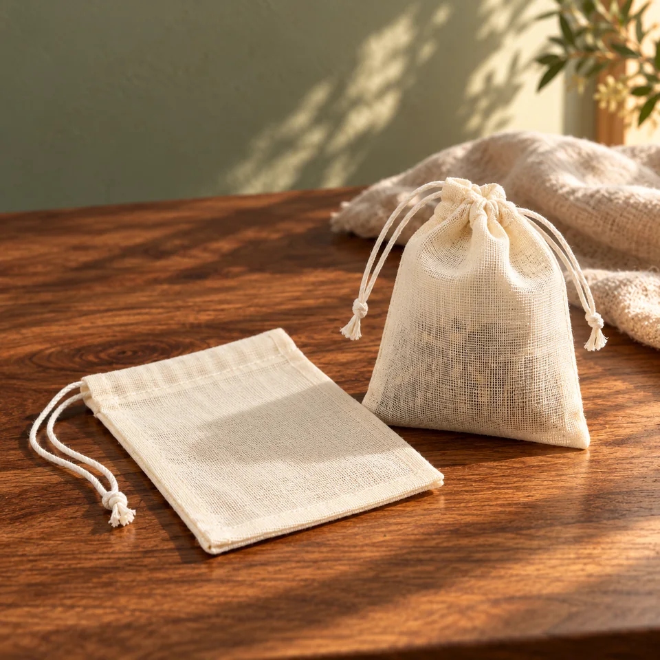 Vingt-cinq filtres coton de 8 × 10 cm de ABOHU, mise en situation dans un rituel du thé