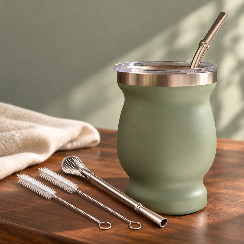 Tasse à maté verte avec deux bombillas de Beruth, mise en situation dans un rituel du thé