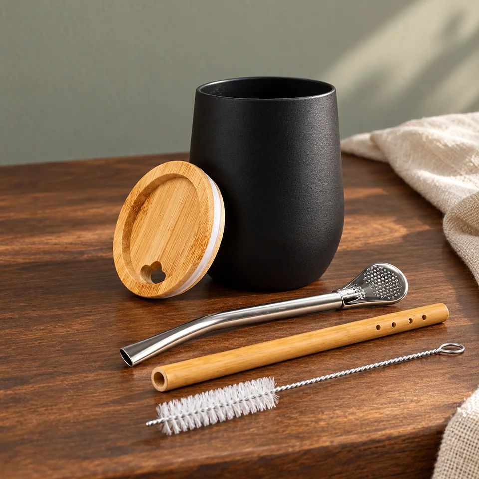 Coffret maté bambou de 350 ml de Bleez, mise en situation dans un rituel du thé