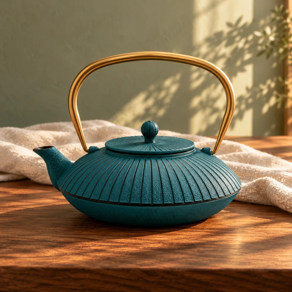Théière Linhai bleue de 1,1 l de Bredemeijer, mise en situation dans un rituel du thé