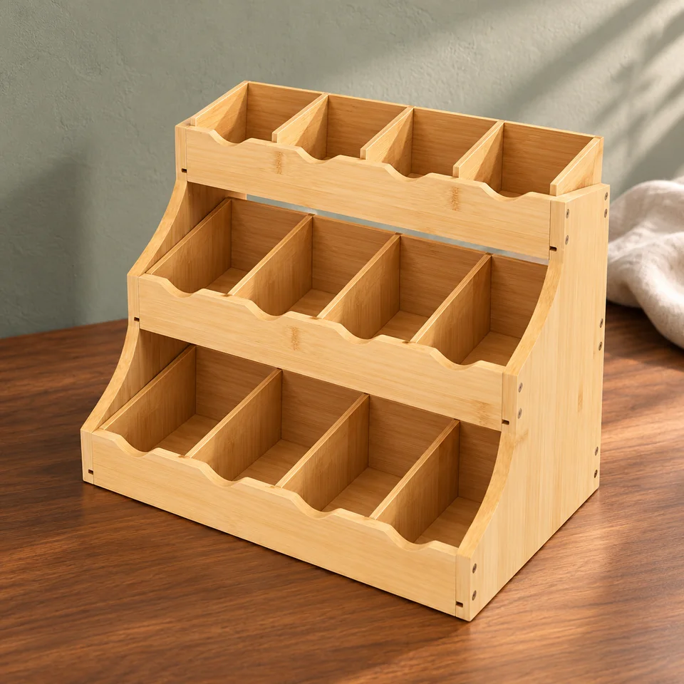 Rangement en bambou à douze compartiments de CALM COZY, mise en situation dans un rituel du thé