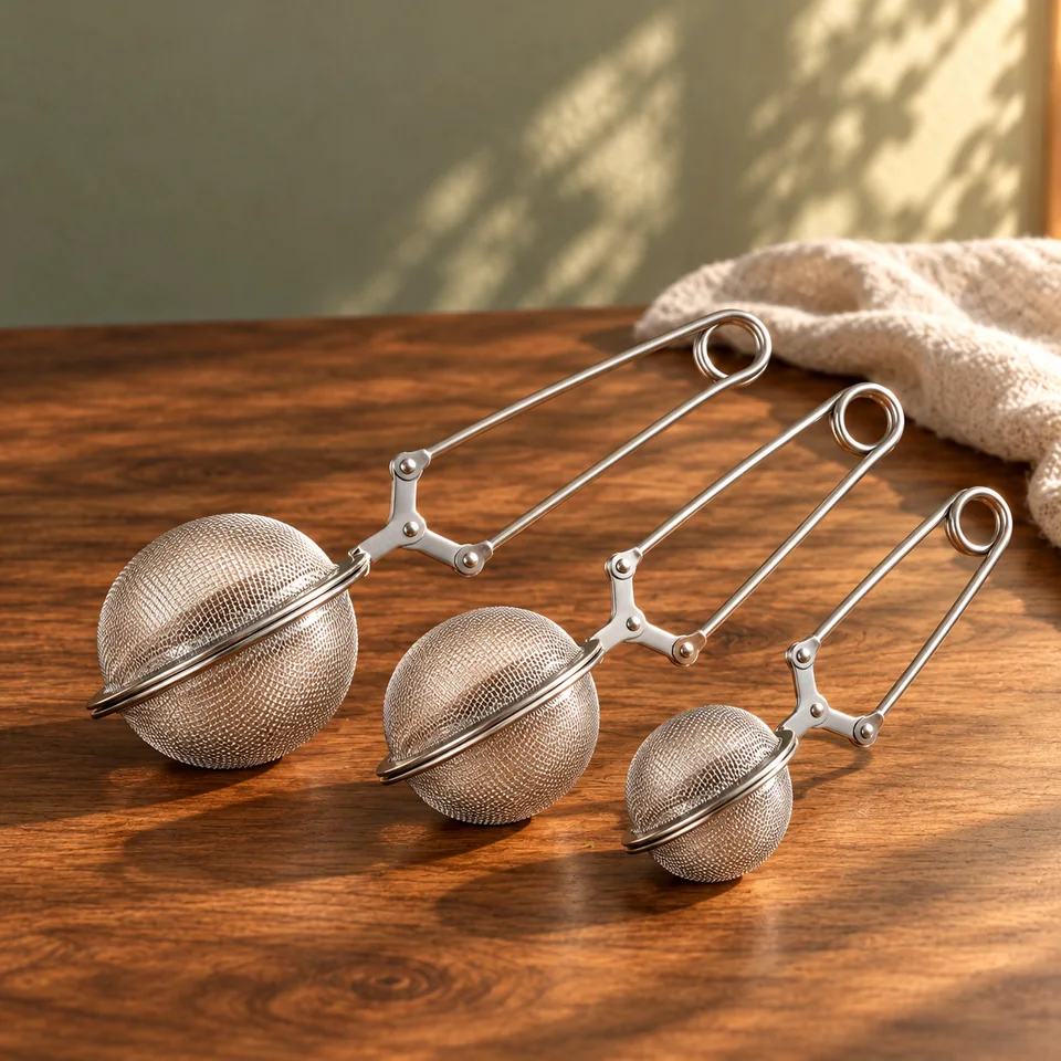 Trois pinces à thé en inox de com-four, mise en situation dans un rituel du thé