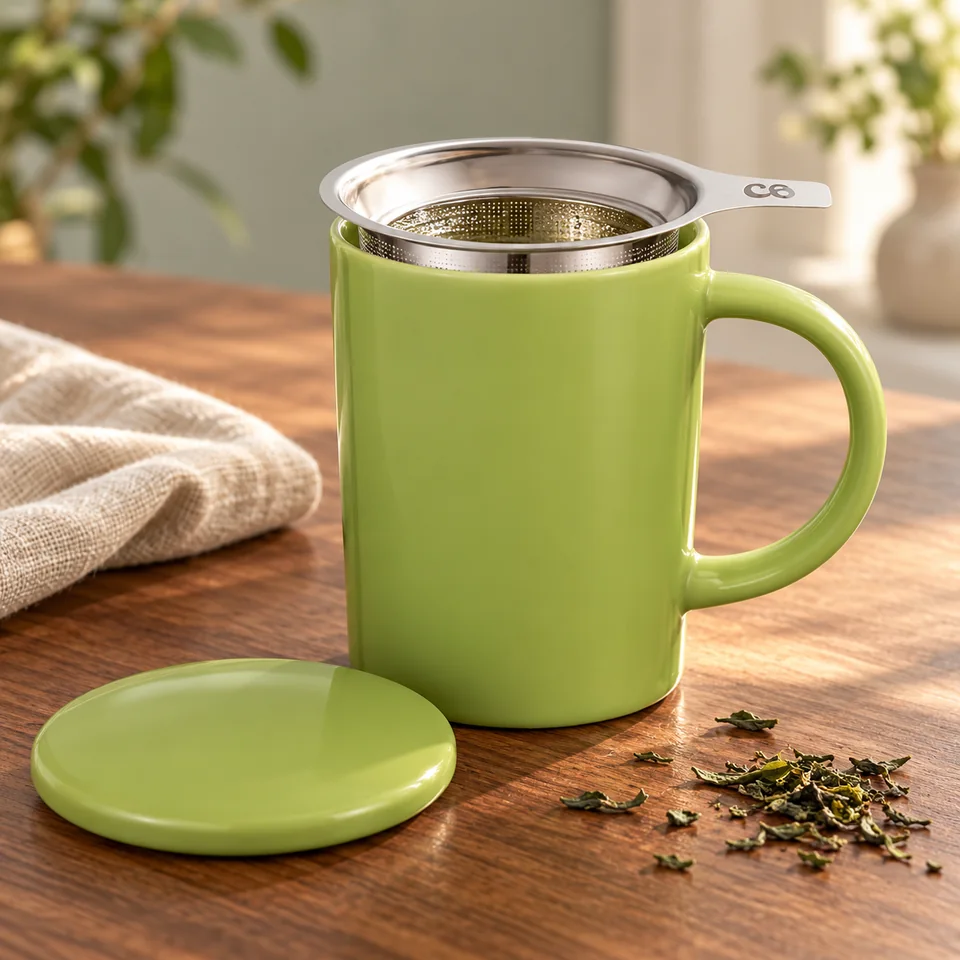 Tasse vert matcha de 400 ml avec filtre de Cosumy, mise en situation dans un rituel du thé