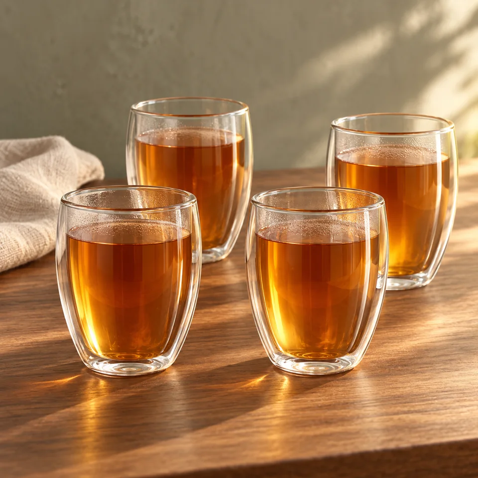 Quatre verres hauts double paroi de 400 ml de Creano, mise en situation dans un rituel du thé
