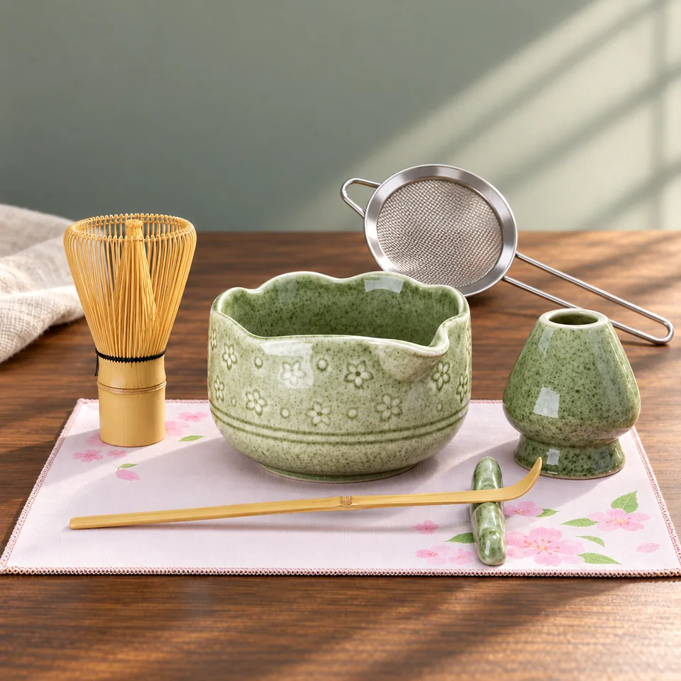 Coffret de sept accessoires pour matcha de Doublewhale, mise en situation dans un rituel du thé