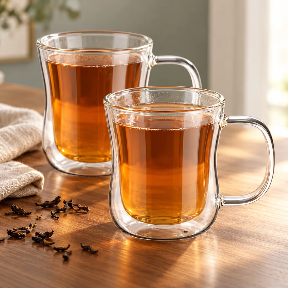 Deux tasses en verre double paroi de 350 ml de ecooe, mise en situation dans un rituel du thé