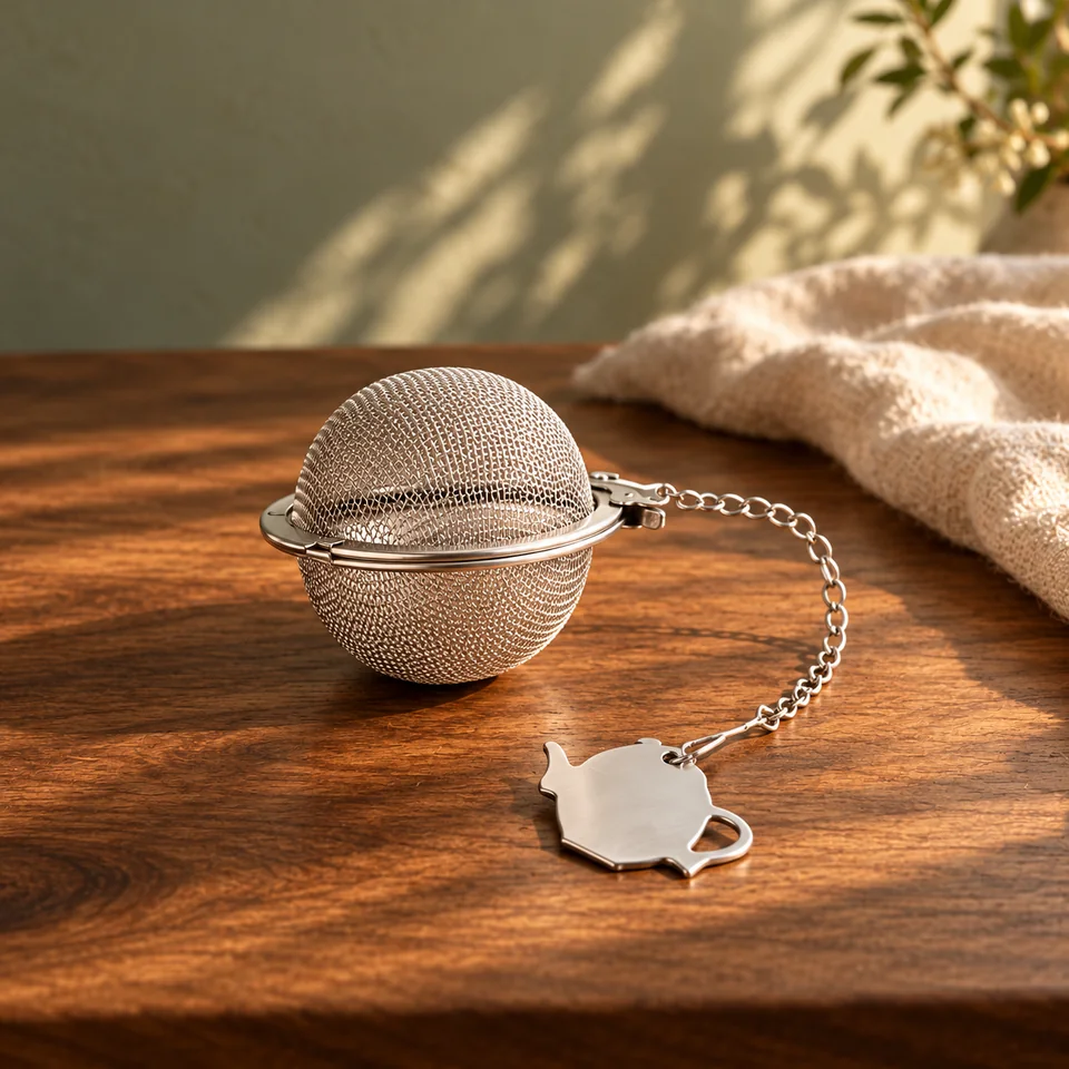 Boule à thé en inox de 5 cm de Fackelmann, mise en situation dans un rituel du thé