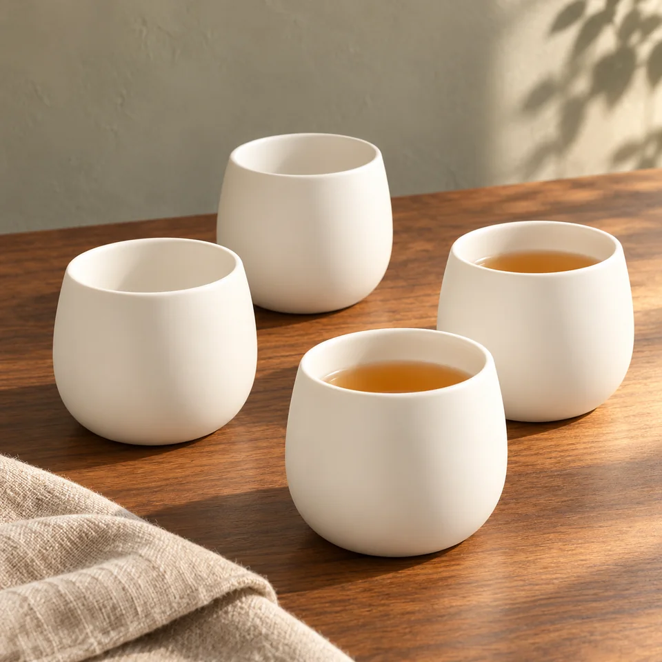 Quatre tasses Camellia White sans anse de Goodwei, mise en situation dans un rituel du thé