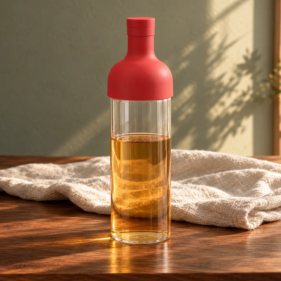 Bouteille à thé glacé de 750 ml de HARIO, mise en situation dans un rituel du thé