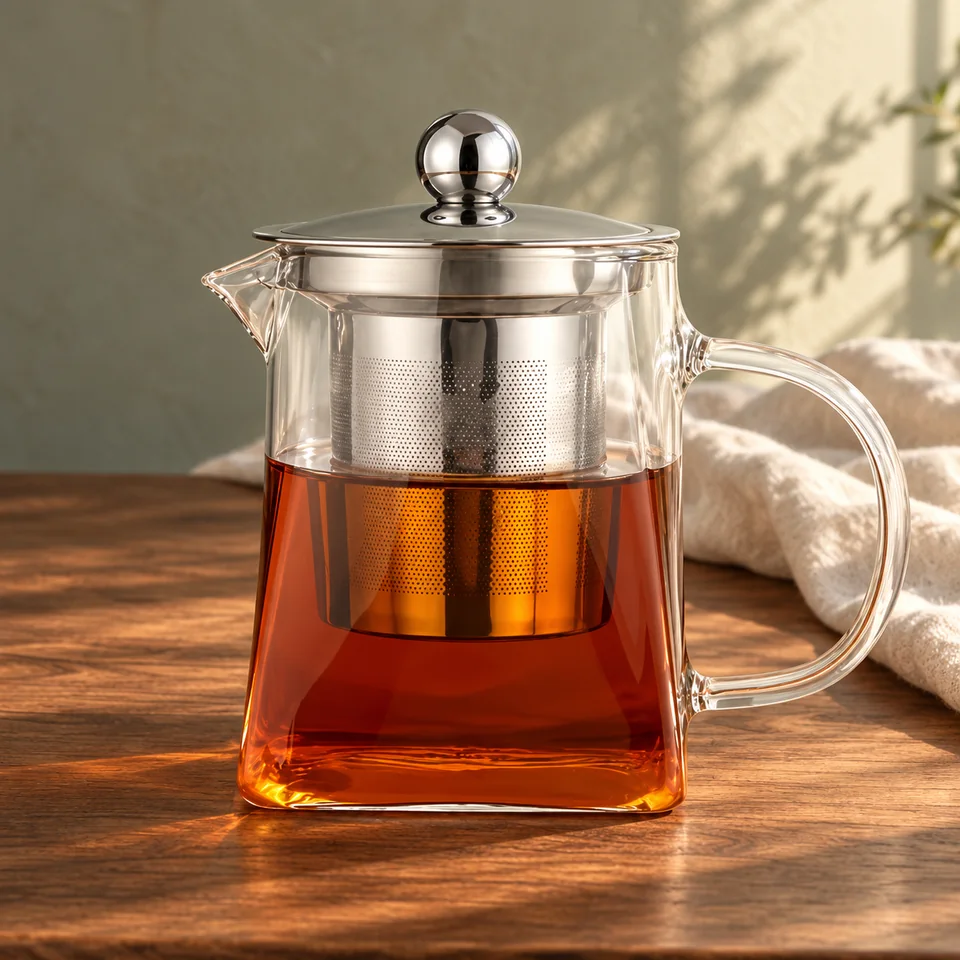 Théière en verre de 550 ml avec infuseur de HOTUT, mise en situation dans un rituel du thé