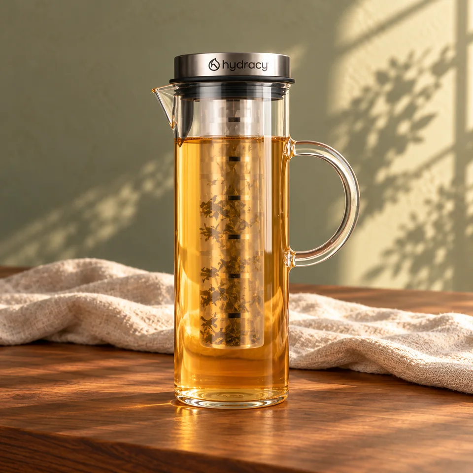 Carafe de 1,5 l avec deux tubes infuseurs de Hydracy, mise en situation dans un rituel du thé