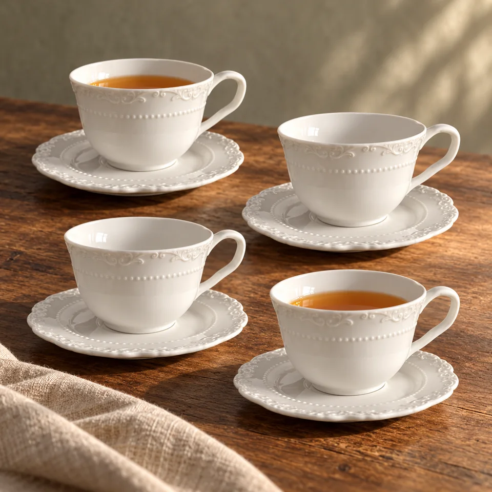 Quatre tasses de 180 ml avec soucoupes de imposyu, mise en situation dans un rituel du thé