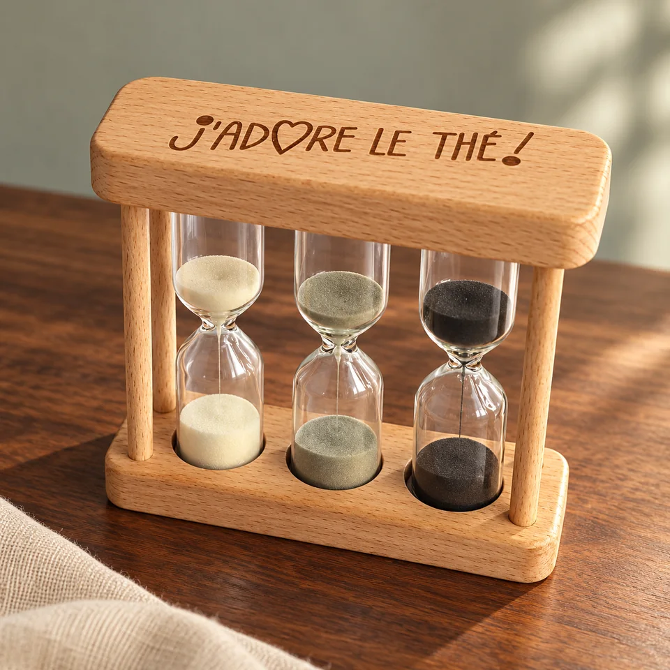 Sablier en bois de 2, 3 et 5 minutes de J'adore le thé !, mise en situation dans un rituel du thé