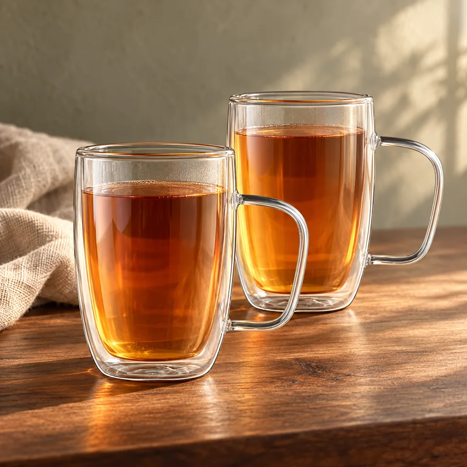 Deux tasses double paroi de 500 ml de Joeyan, mise en situation dans un rituel du thé