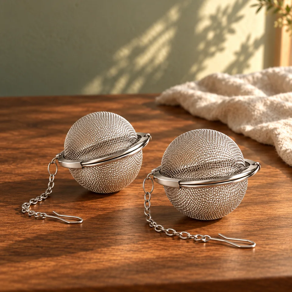Deux boules à thé en inox de 4,5 cm de JOUR DE THÉ, mise en situation dans un rituel du thé