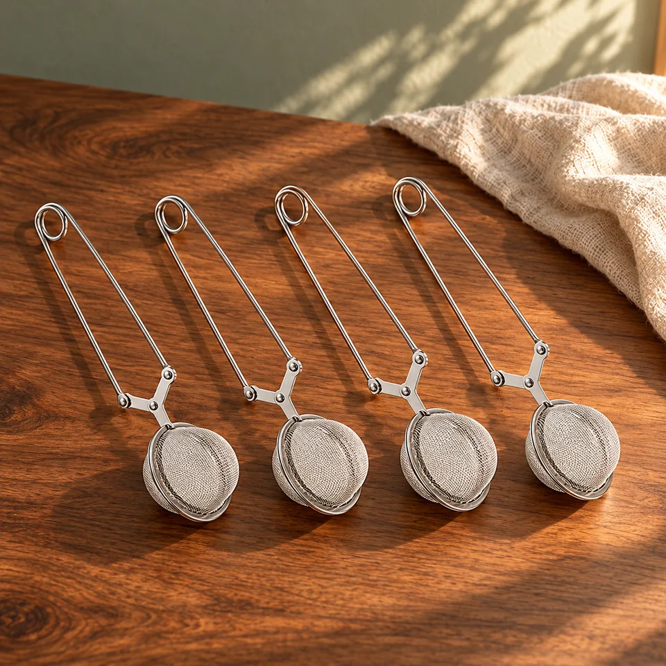 Quatre infuseurs à pince de 4,5 cm de Kronwahl, mise en situation dans un rituel du thé