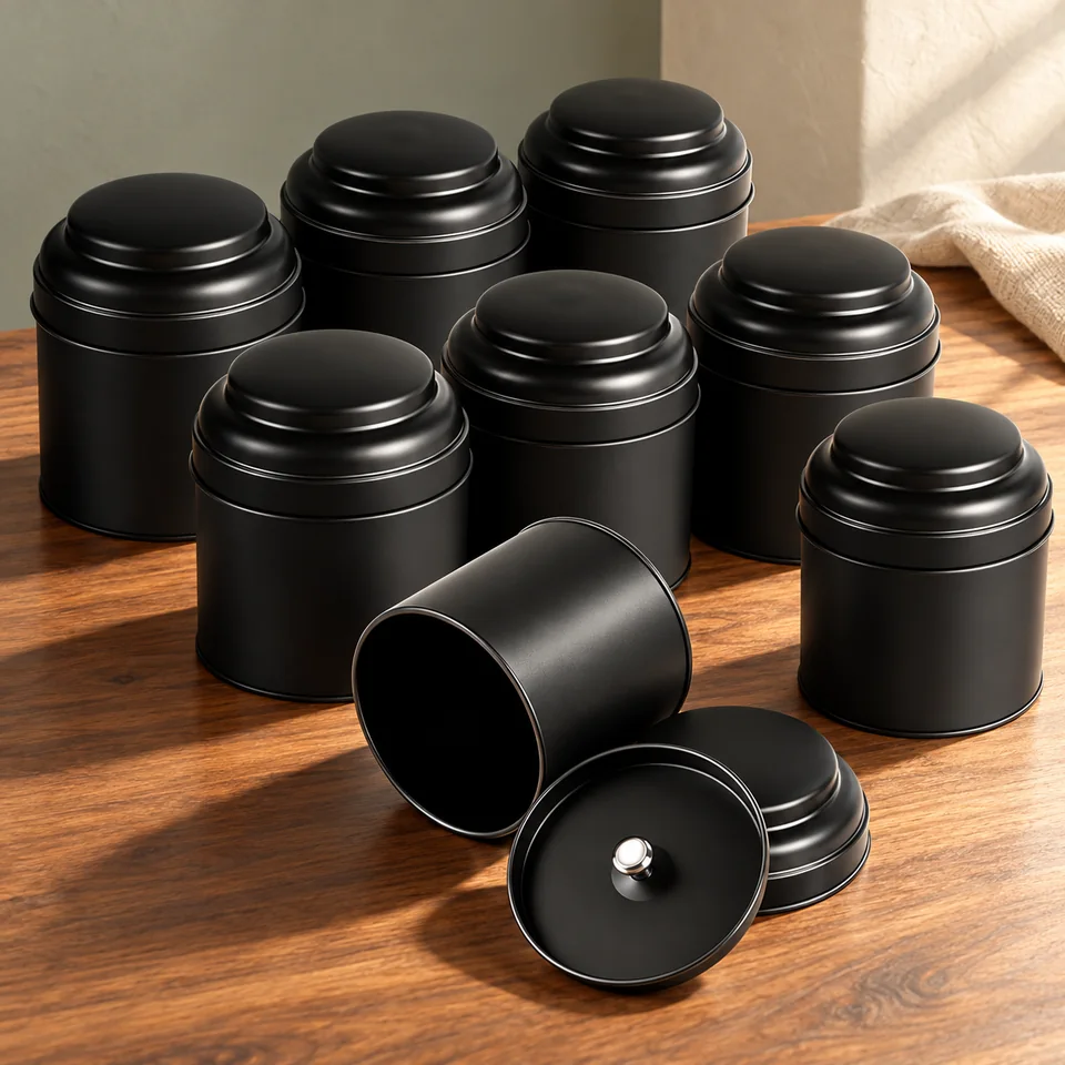 Huit boîtes à thé noires de 250 ml de lalago, mise en situation dans un rituel du thé