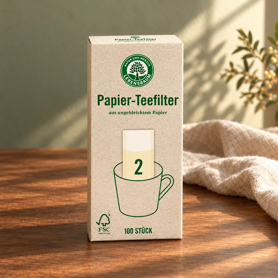 Cent filtres à thé en papier non blanchi de Lebensbaum, mise en situation dans un rituel du thé