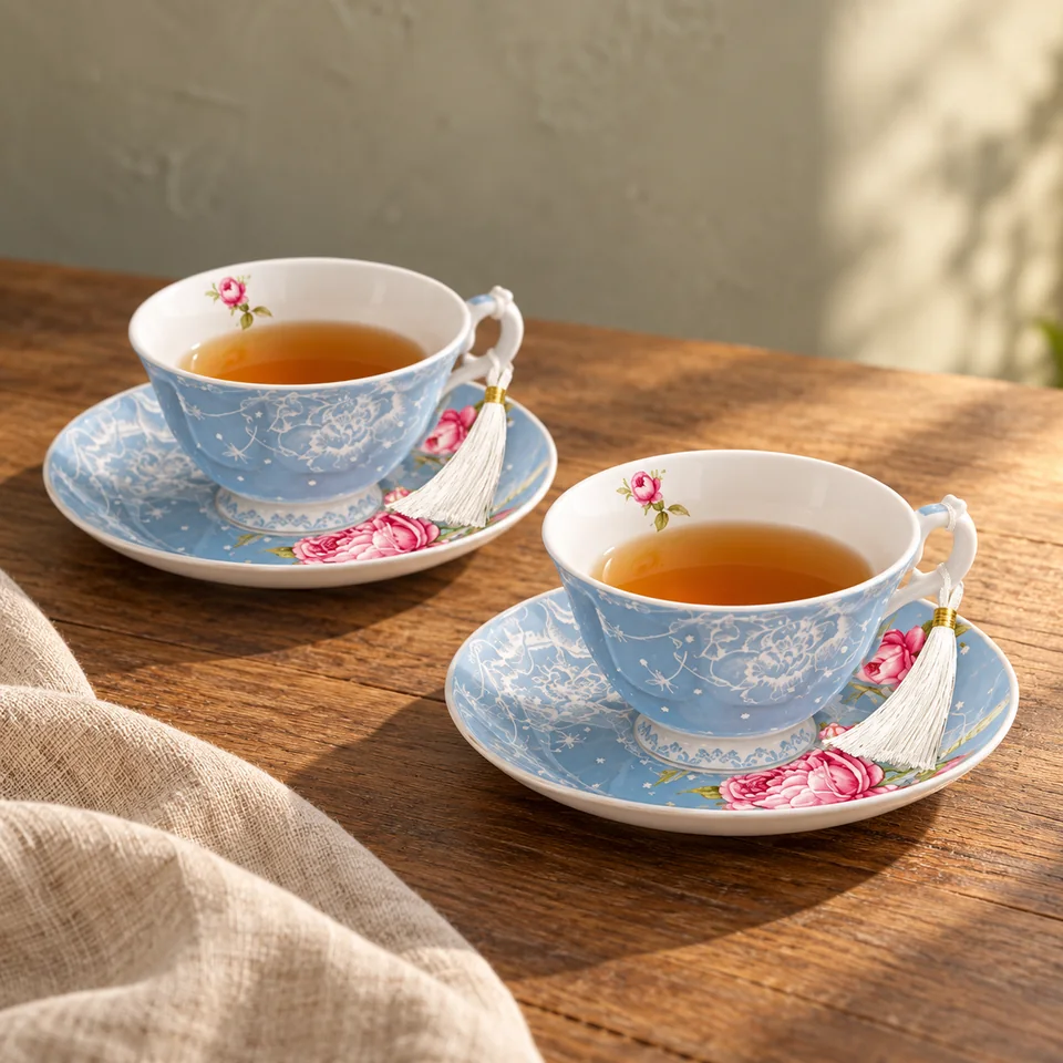 Deux tasses fleuries avec soucoupes de London Boutique, mise en situation dans un rituel du thé