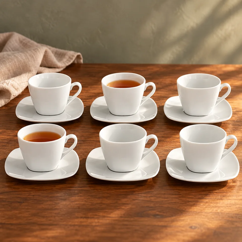 Six tasses Lotta de 170 ml avec soucoupes de MamboCat, mise en situation dans un rituel du thé