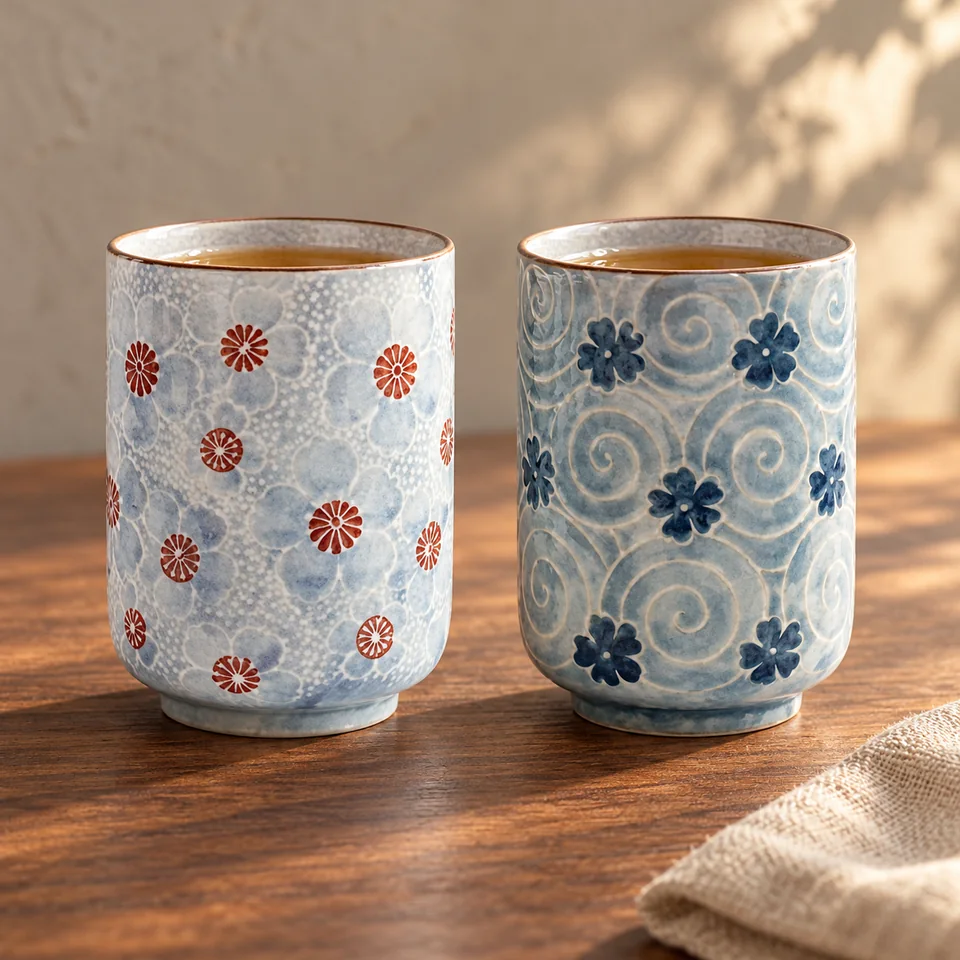 Deux tasses Yunomi à motif fleuri de MengCat, mise en situation dans un rituel du thé