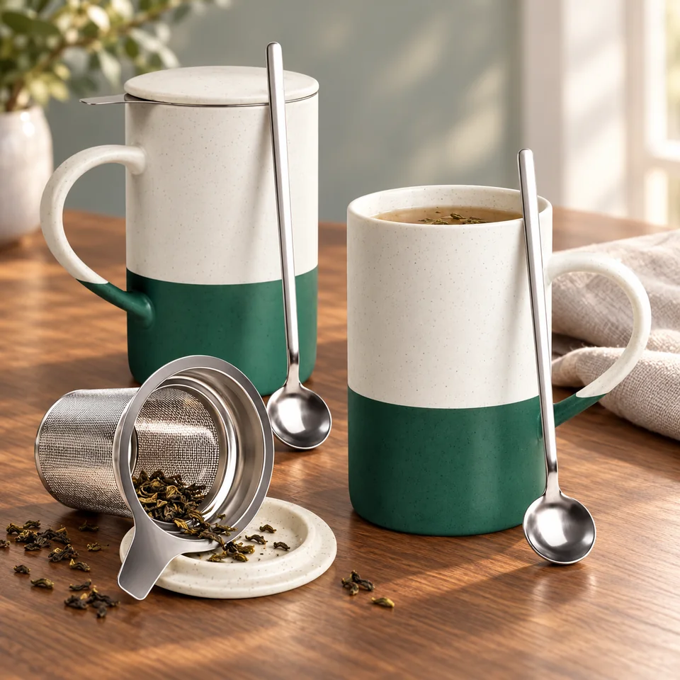 Deux tasses vert foncé de 500 ml avec filtres de MIAMIO, mise en situation dans un rituel du thé
