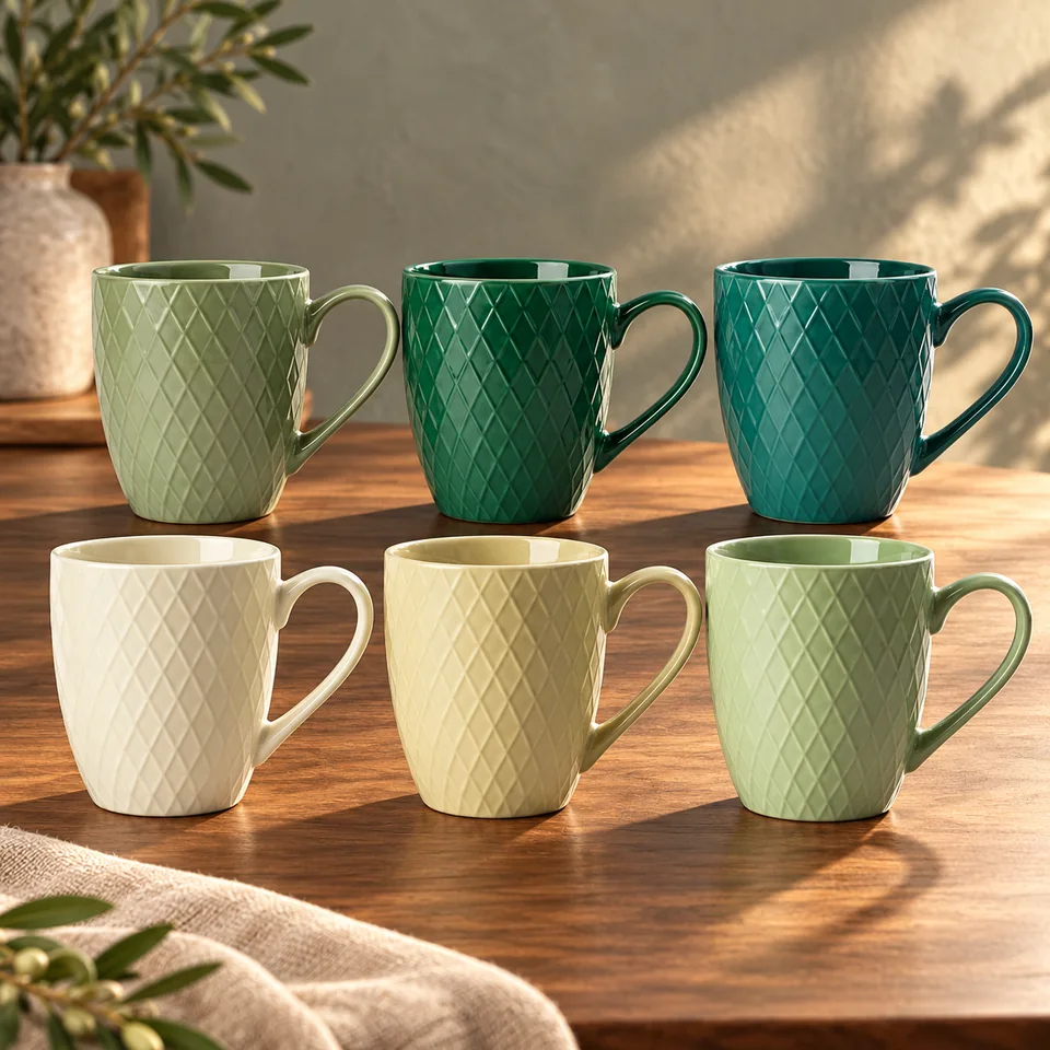 Six mugs Palmanova verts de MIAMIO, mise en situation dans un rituel du thé