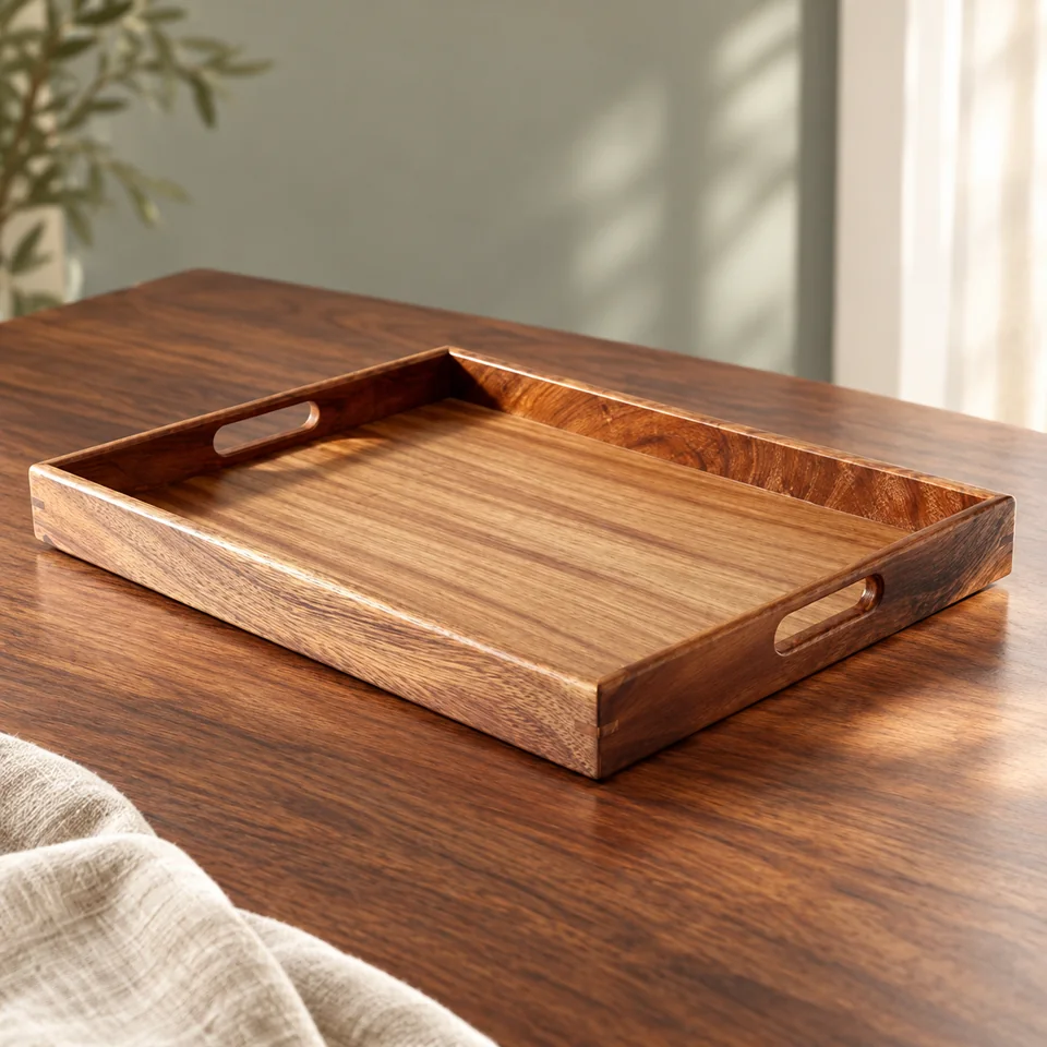 Plateau de service en noyer de 40 cm de MOOKOMI, mise en situation dans un rituel du thé