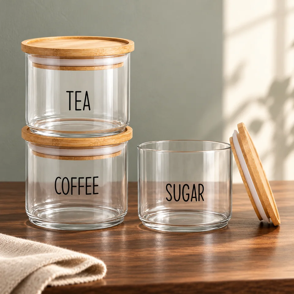 Trois bocaux en verre de 450 ml de OIENNI, mise en situation dans un rituel du thé