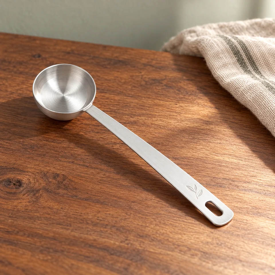 Cuillère doseuse en inox de 15 ml de Panda Tea, mise en situation dans un rituel du thé