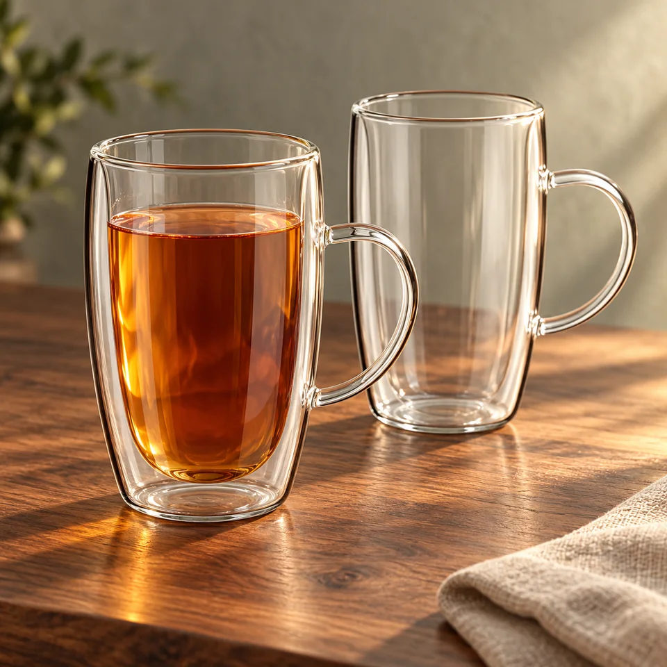 Deux tasses en verre double paroi avec anse de Paracity, mise en situation dans un rituel du thé