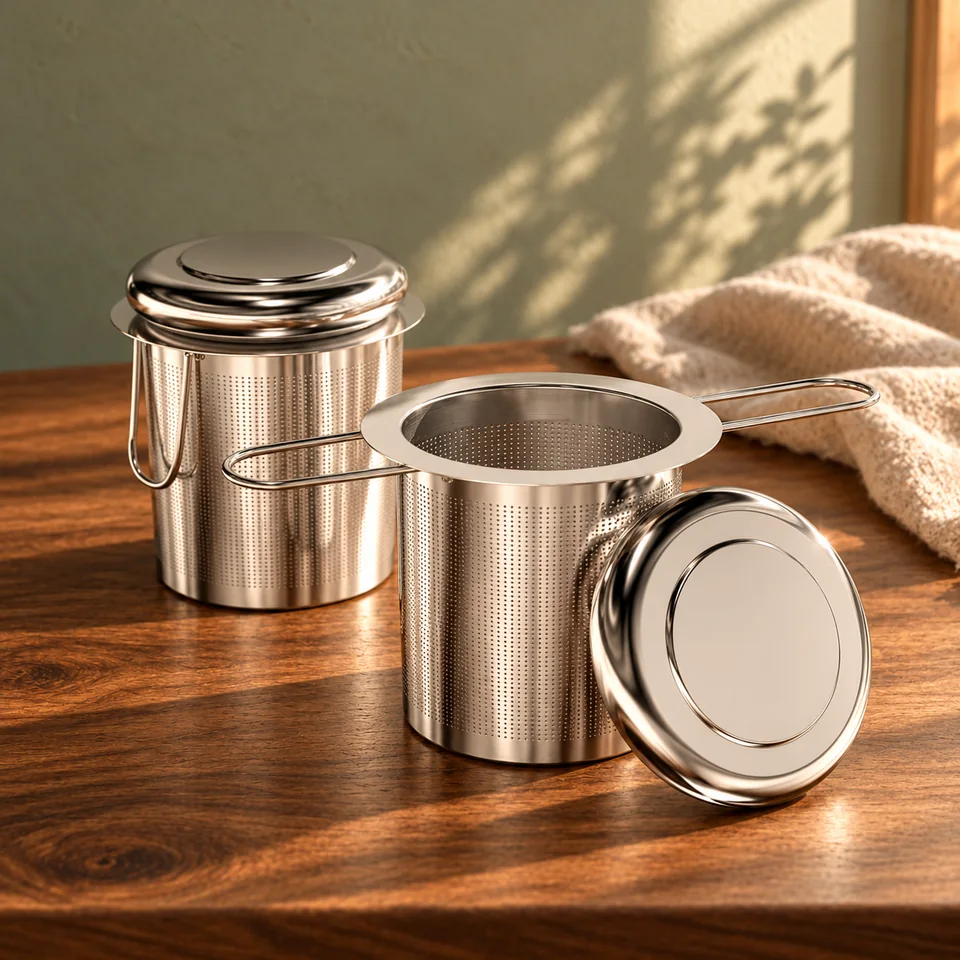 Deux infuseurs inox à poignées pliables de Relota, mise en situation dans un rituel du thé