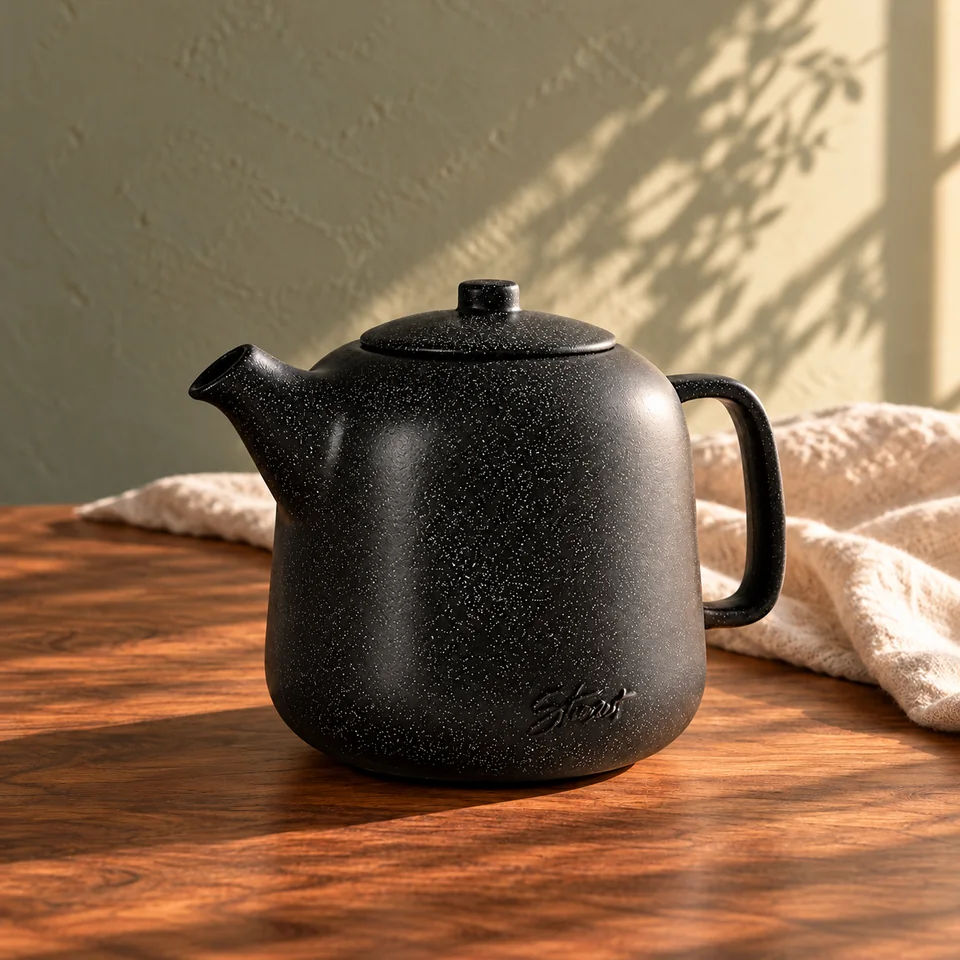 Théière en céramique noire de 1,3 l de Steinzeit, mise en situation dans un rituel du thé