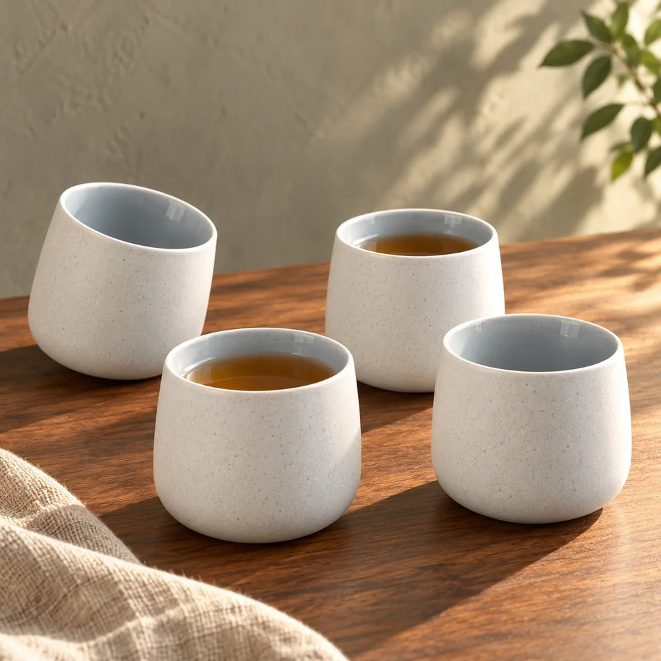 Quatre tasses japonaises grises de 205 ml de TEANAGOO, mise en situation dans un rituel du thé