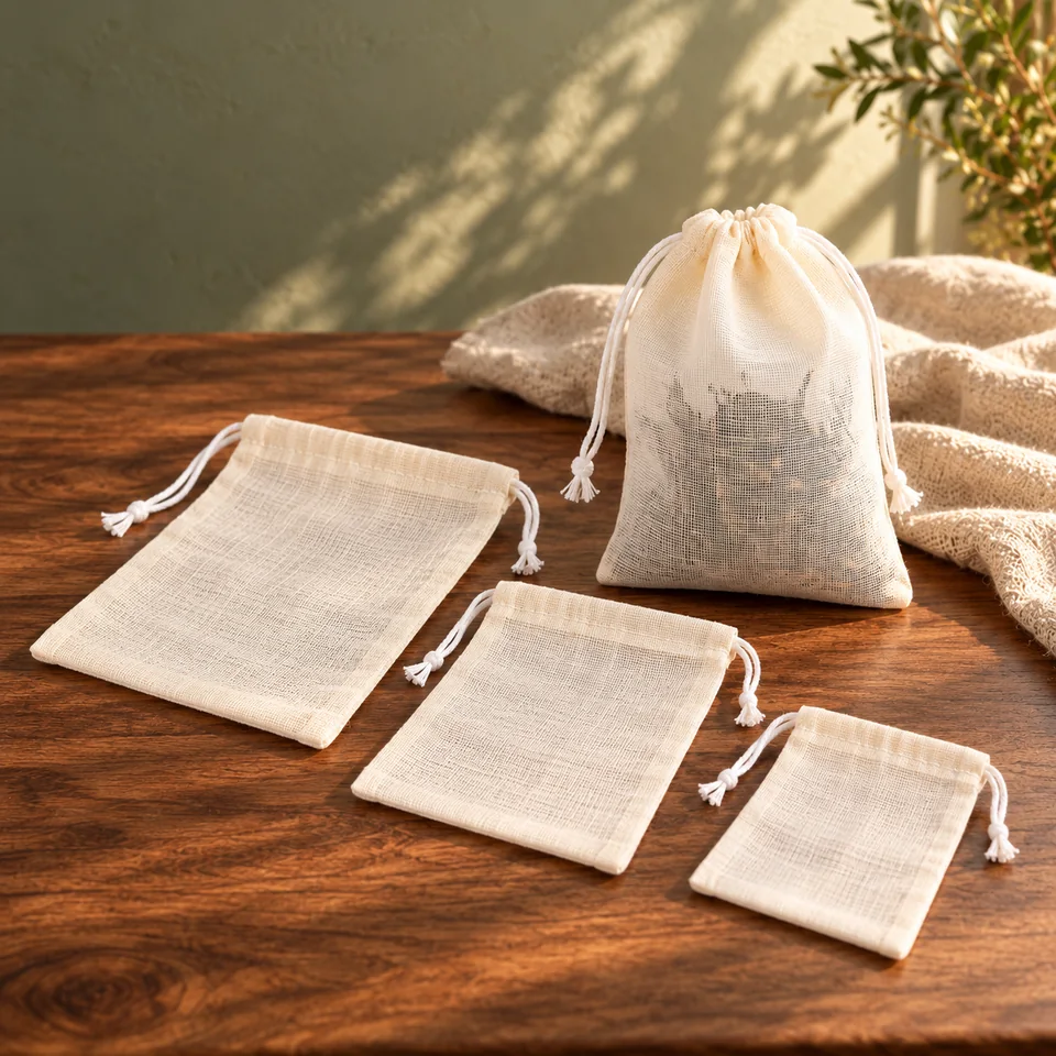 Trente-cinq sachets en mousseline de coton de Tenbrachian, mise en situation dans un rituel du thé