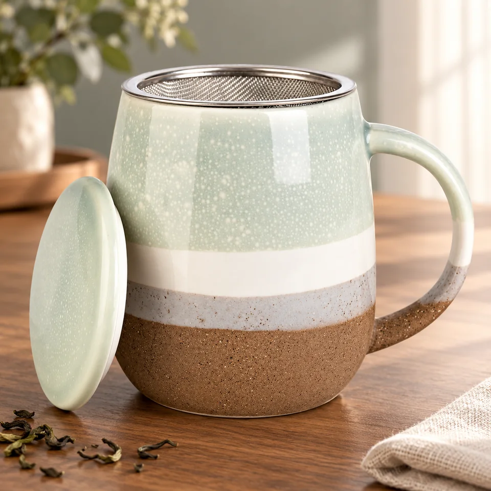 Tasse en céramique de 400 ml avec infuseur de TuYines, mise en situation dans un rituel du thé
