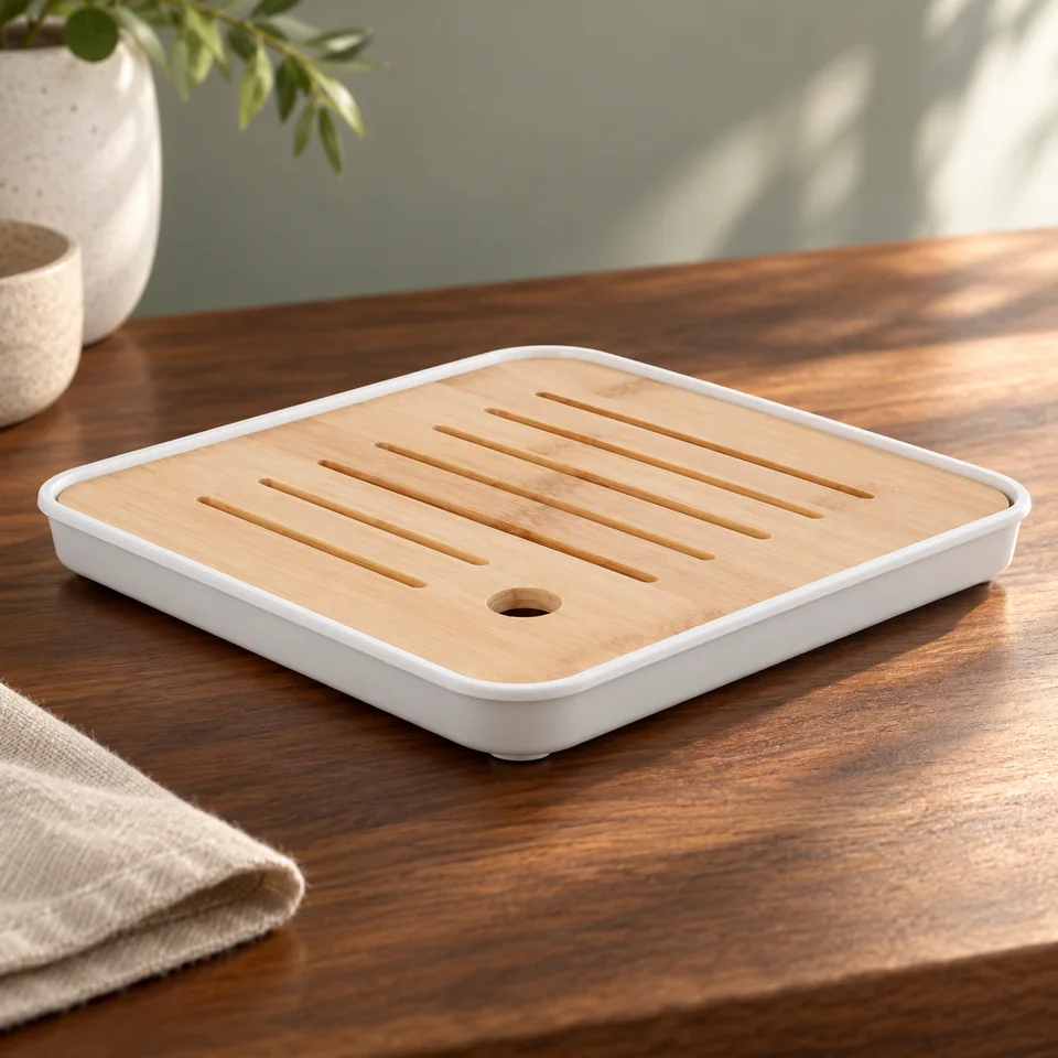 Plateau égouttoir blanc de 20 × 20 cm de VICASKY, mise en situation dans un rituel du thé