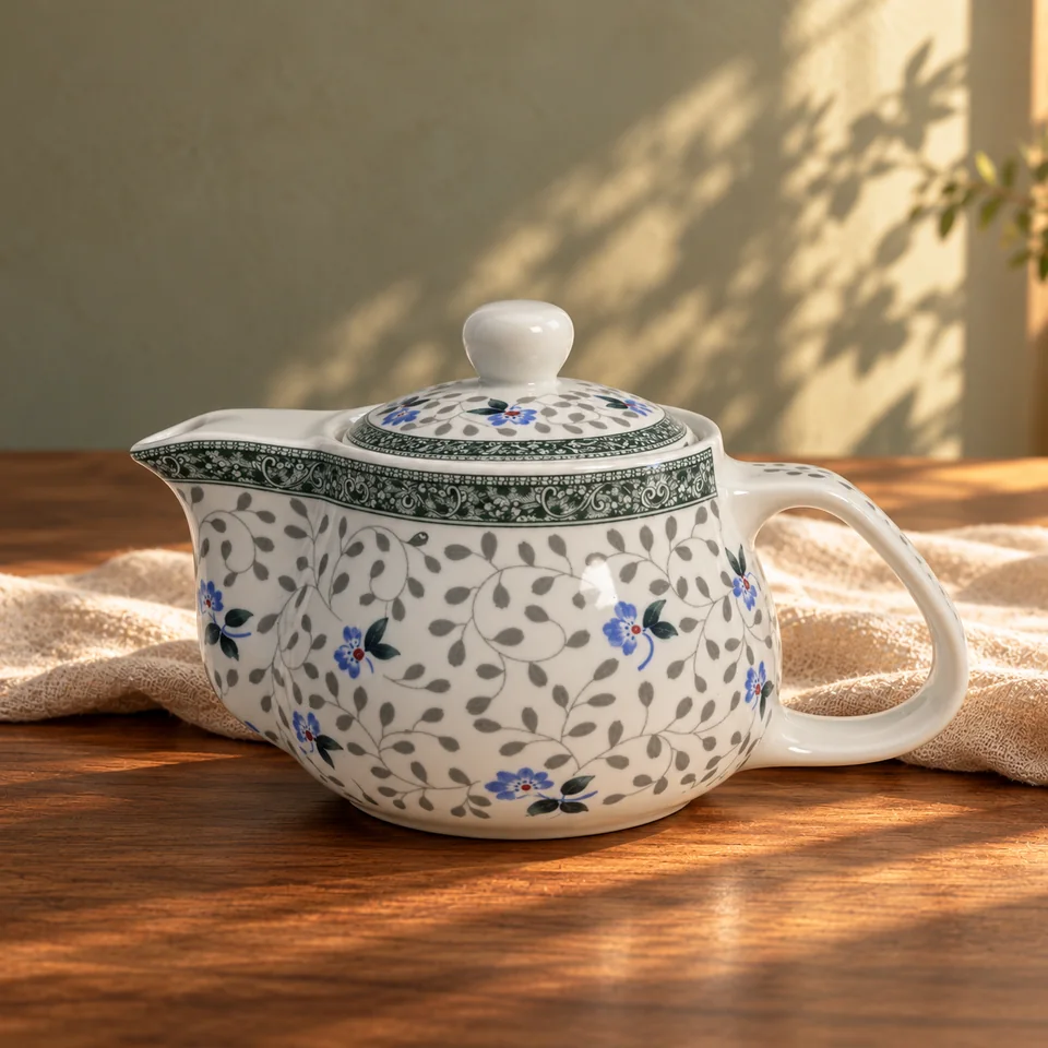 Théière en porcelaine fleurie de 500 ml de vv8oo, mise en situation dans un rituel du thé