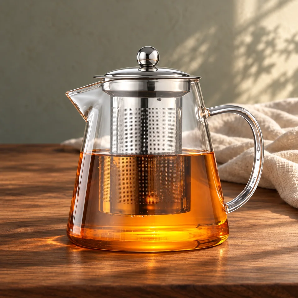 Théière transparente de 950 ml de YISPIRIN, mise en situation dans un rituel du thé