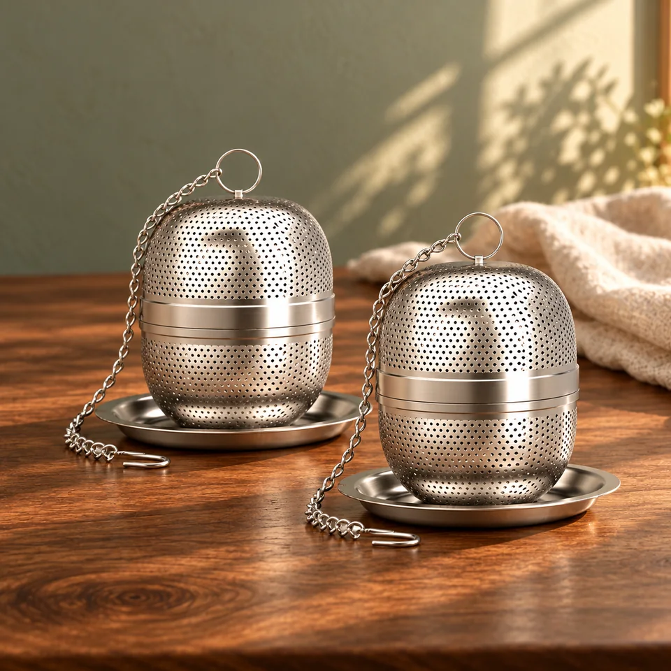 Deux boules à thé avec chaînes et supports de Yoassi, mise en situation dans un rituel du thé
