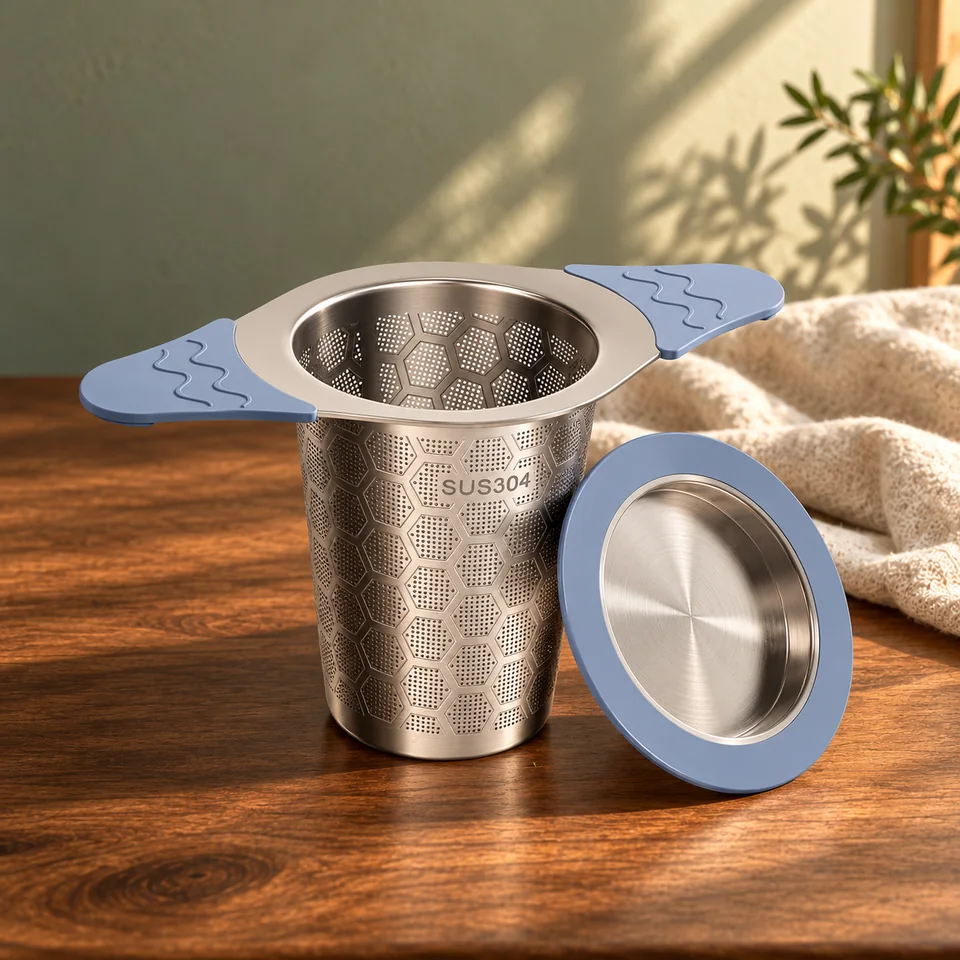 Infuseur inox avec poignée en silicone grise de yomanta, mise en situation dans un rituel du thé