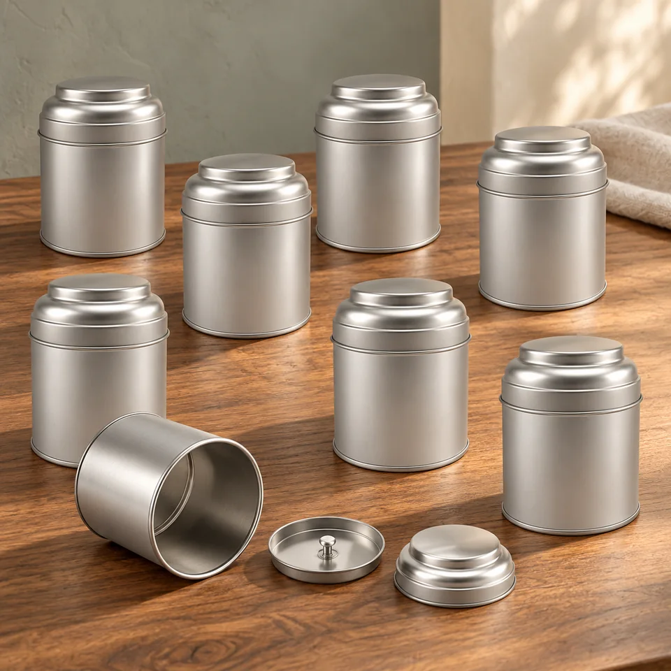Huit boîtes à thé argentées de 75 × 90 mm de YOOMUR, mise en situation dans un rituel du thé