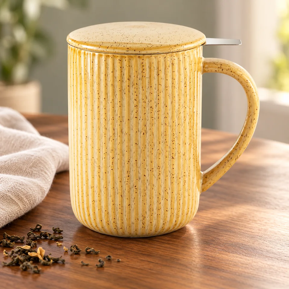 Tasse crème flambé de 470 ml avec infuseur de Yundu, mise en situation dans un rituel du thé