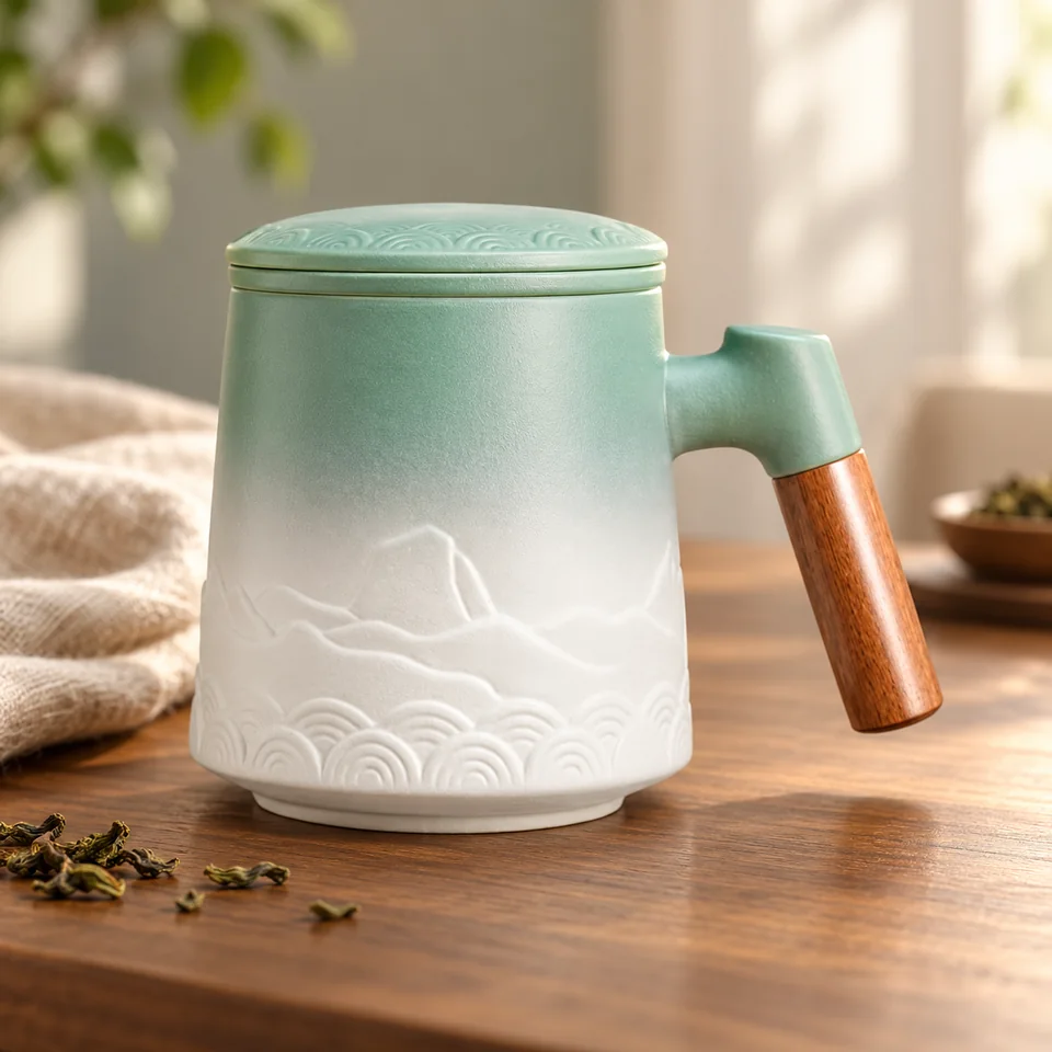 Tasse vert mousse de 500 ml avec infuseur de ZENS, mise en situation dans un rituel du thé